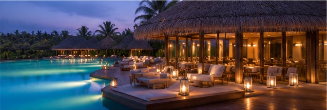 Luxury Maldives resort terrace and pool at night
